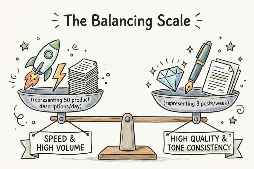 A balance scale diagram showing the trade-off between AI content writing speed and high volume versus prose quality and brand tone consistency.
