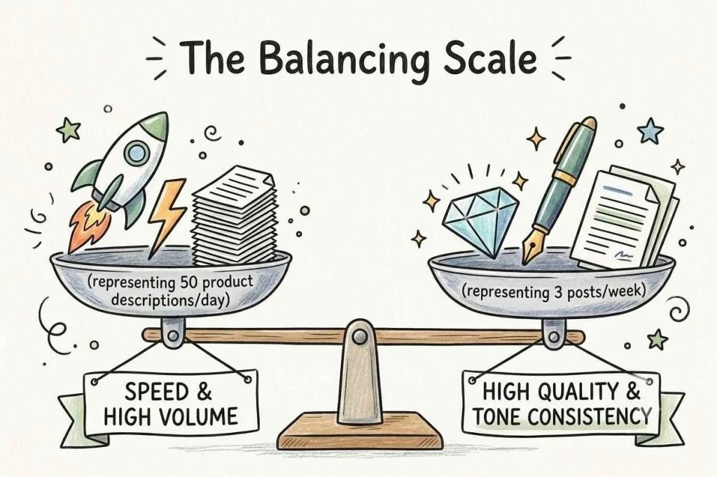 A balance scale diagram showing the trade-off between AI content writing speed and high volume versus prose quality and brand tone consistency.