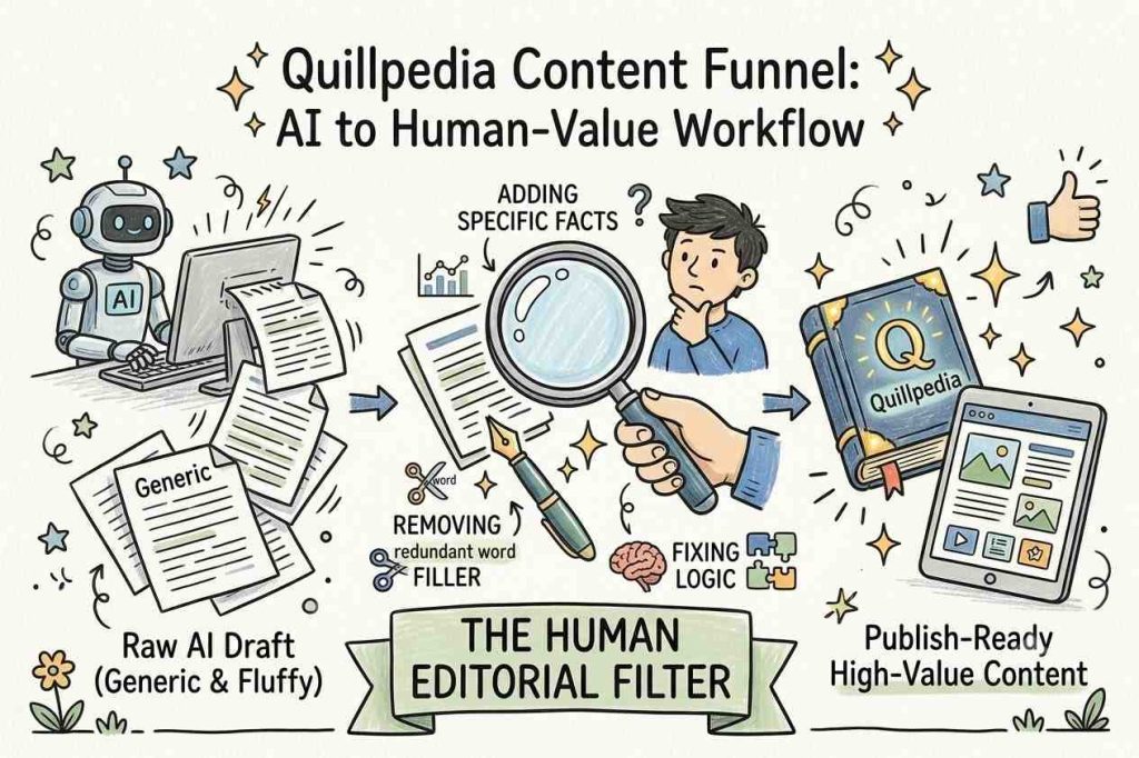 A workflow funnel chart showing a raw AI generated draft passing through human editorial filters to create high-value publish-ready content.