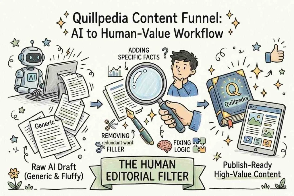 A workflow funnel chart showing a raw AI generated draft passing through human editorial filters to create high-value publish-ready content.