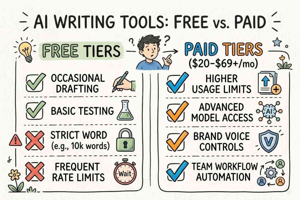 A comparison checklist chart showing the differences between free AI writer tiers and paid AI writing software subscriptions.