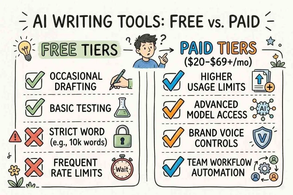 A comparison checklist chart showing the differences between free AI writer tiers and paid AI writing software subscriptions.