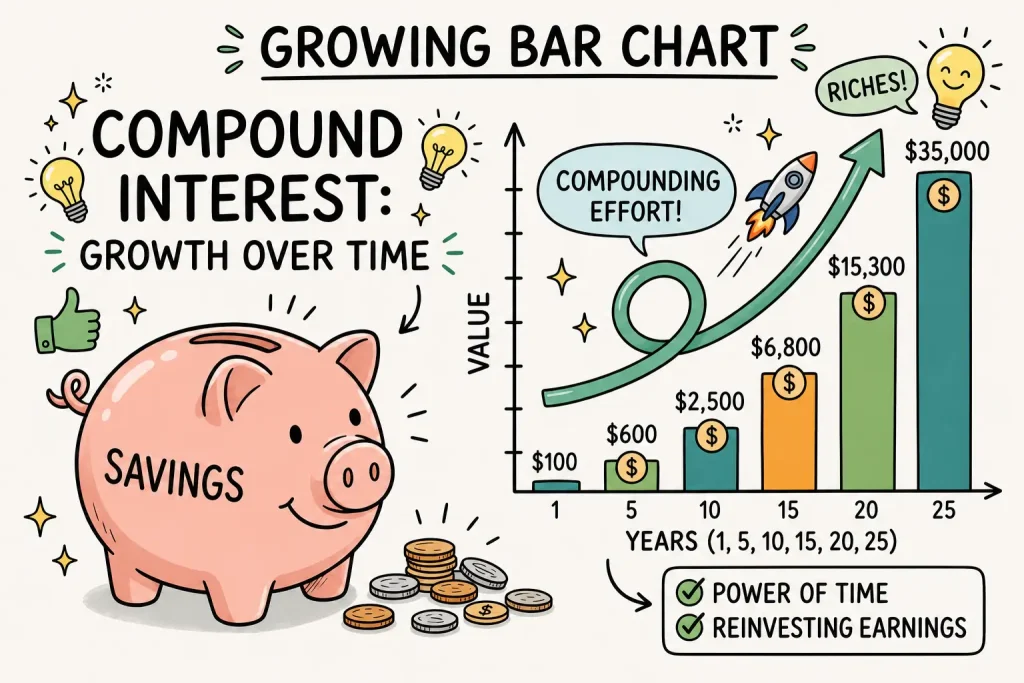 Compound interest growth chart showing what is the benefit of a savings account over 25 years with a piggy bank and growing dollar values.