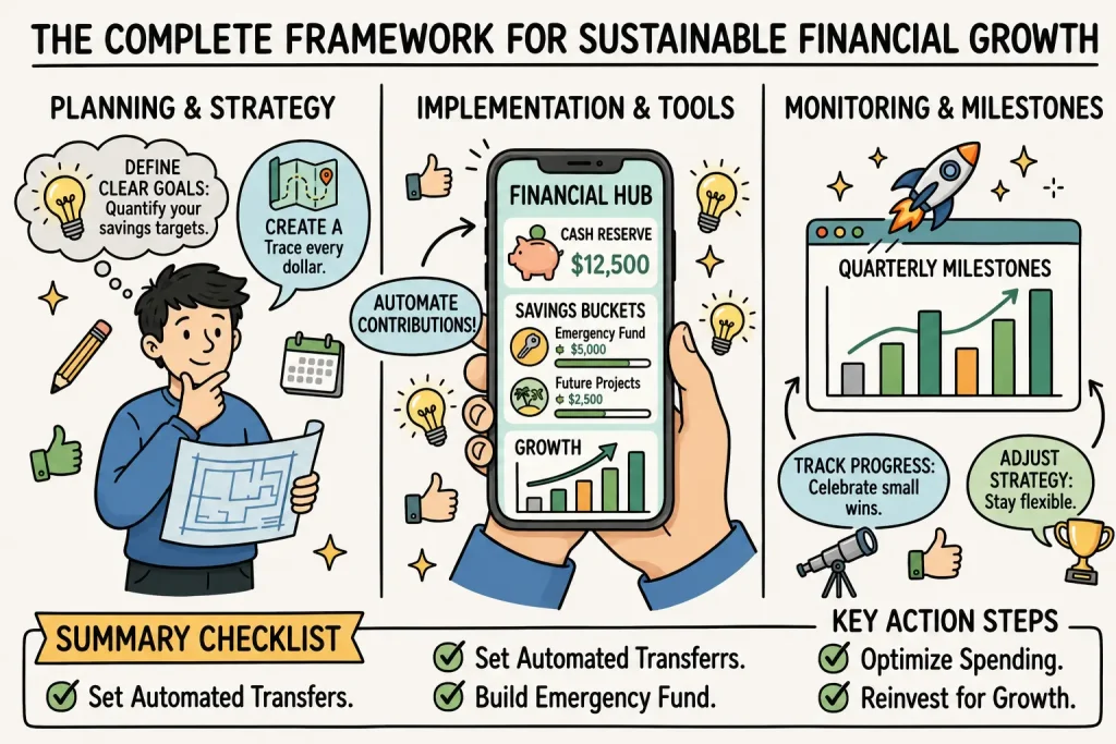 Complete framework diagram demonstrating what is the benefit of a savings account for planning, automating contributions, and milestone tracking.