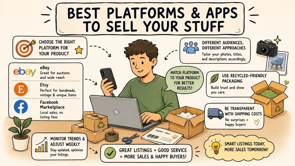 A visual guide showing top selling platforms like eBay, Etsy, and Facebook Marketplace for online reselling.