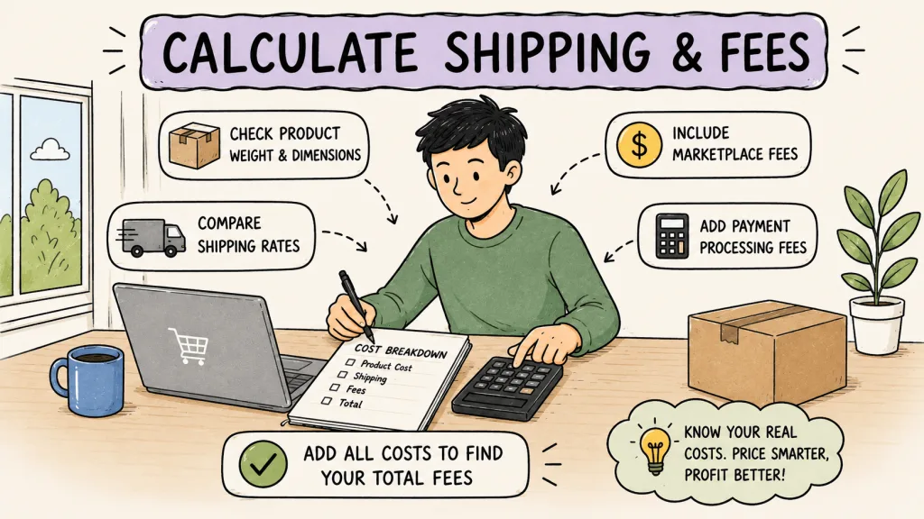 An illustration of a reseller calculating product shipping weights, marketplace fees, and profit margins.