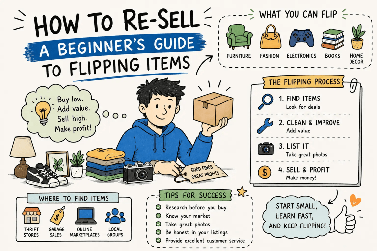 An illustration outlining how to resell items for profit, featuring a beginner reseller surrounded by thrift finds, source locations, and flipping steps.