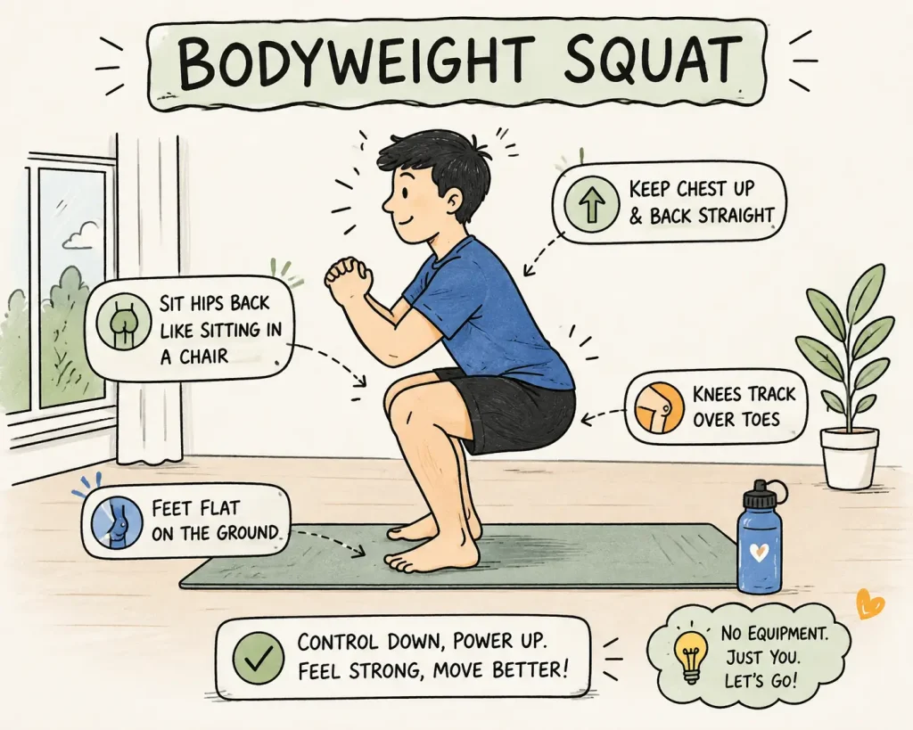 Beginner demonstrating proper bodyweight squat form at home with hips back and chest up