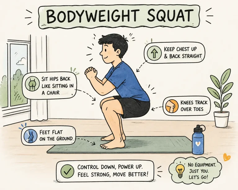 Beginner demonstrating proper bodyweight squat form at home with hips back and chest up