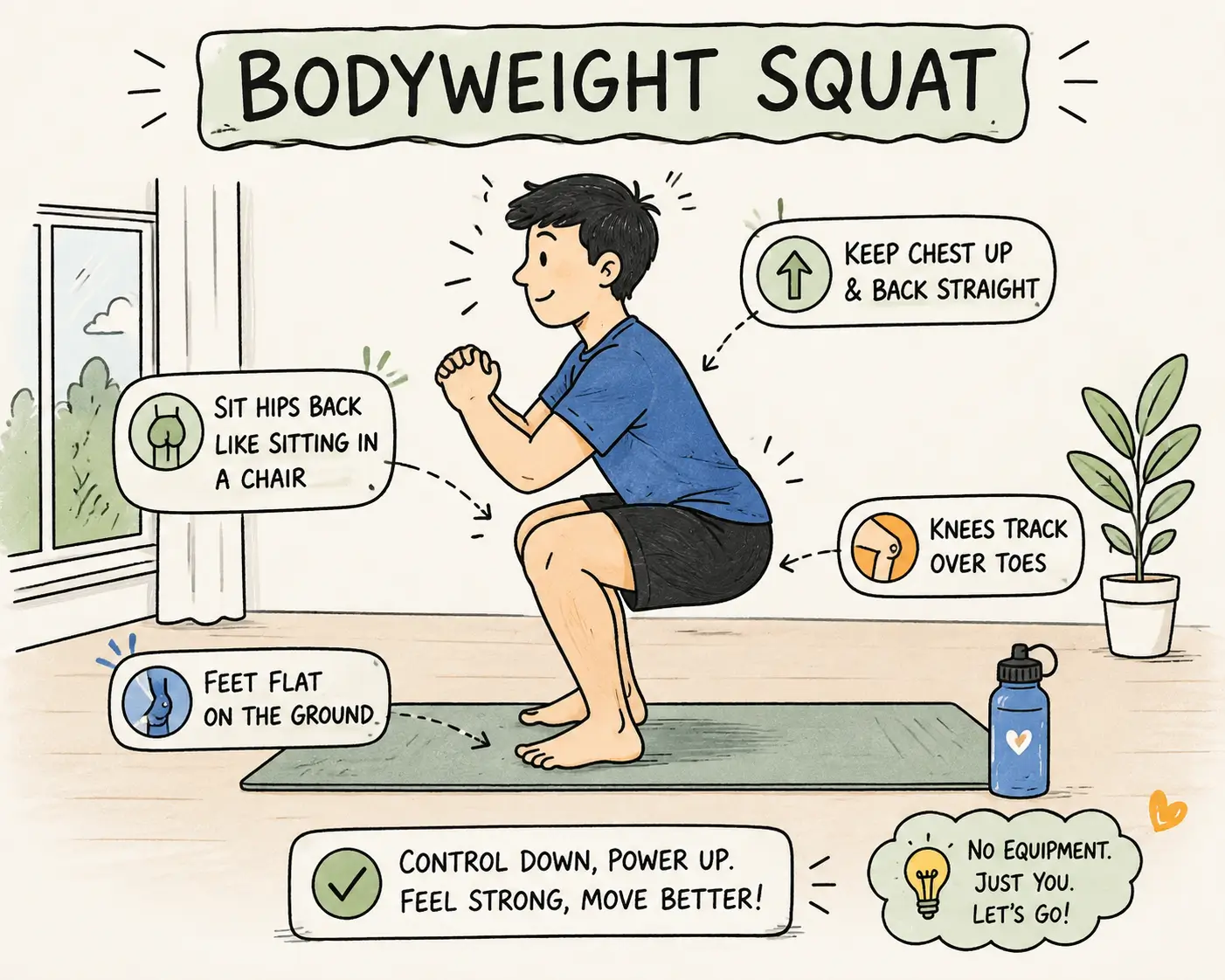 Beginner demonstrating proper bodyweight squat form at home with hips back and chest up