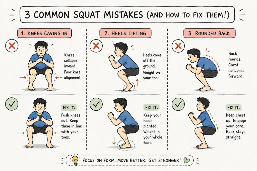 Common bodyweight squat mistakes including knees caving in and heels lifting off floor