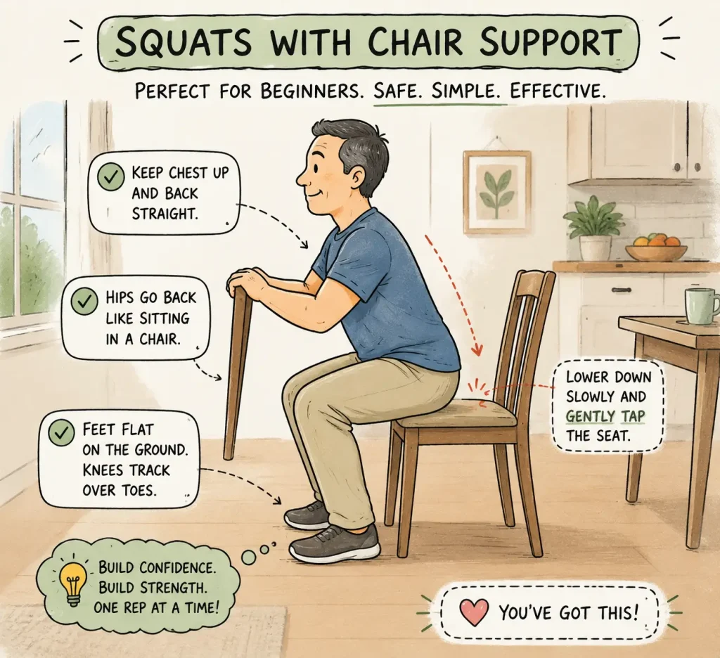 Beginner doing a chair squat variation for support and proper form