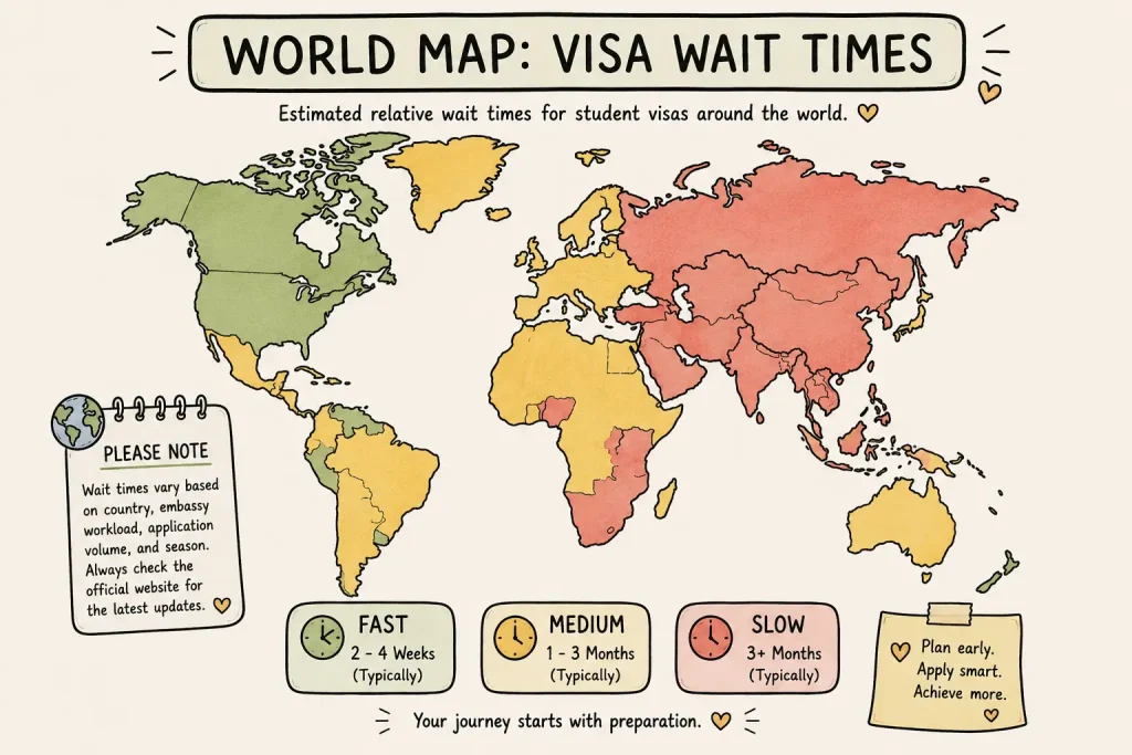 World map answering "How Long Does It Take to Get a Visa?" showing estimated student visa wait times: Fast (2-4 weeks), Medium (1-3 months), and Slow (3+ months) by country.