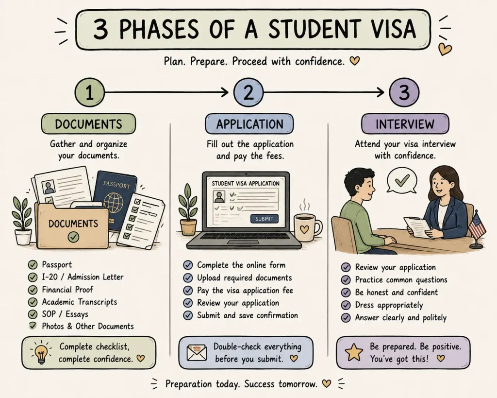 Three phases of a student visa: Documents (Passport & financial proof), Application (forms and fees), and Interview (preparation tips).