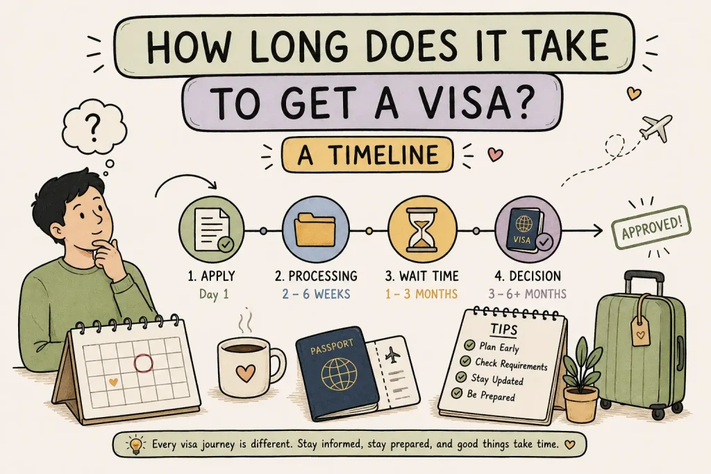 Infographic timeline answering "How Long Does It Take to Get a Visa?" with steps: Apply (Day 1), Processing (2-6 weeks), Wait Time (1-3 months), Decision (3-6+ months).