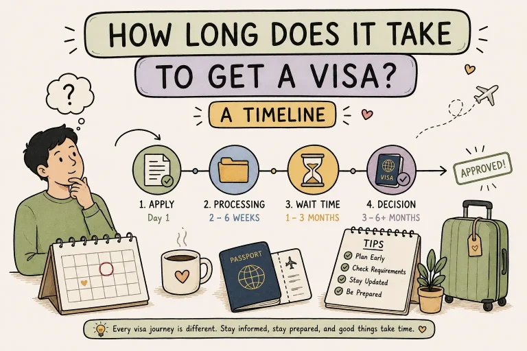 Infographic timeline answering "How Long Does It Take to Get a Visa?" with steps: Apply (Day 1), Processing (2-6 weeks), Wait Time (1-3 months), Decision (3-6+ months).