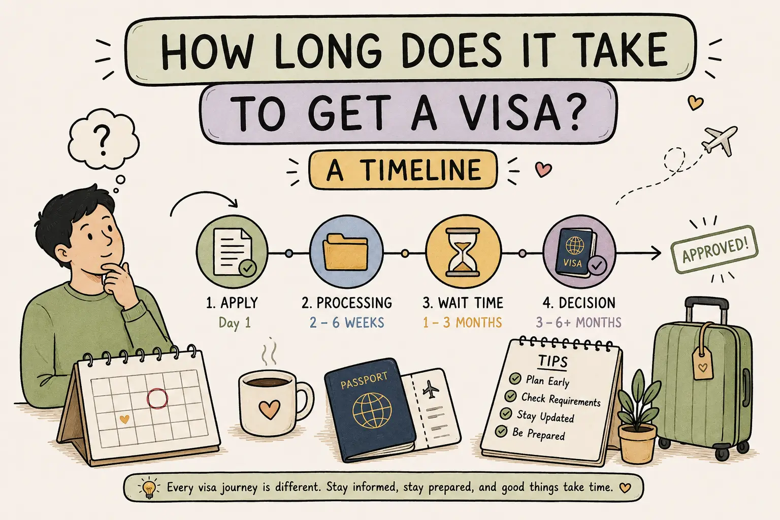 Infographic timeline answering "How Long Does It Take to Get a Visa?" with steps: Apply (Day 1), Processing (2-6 weeks), Wait Time (1-3 months), Decision (3-6+ months).