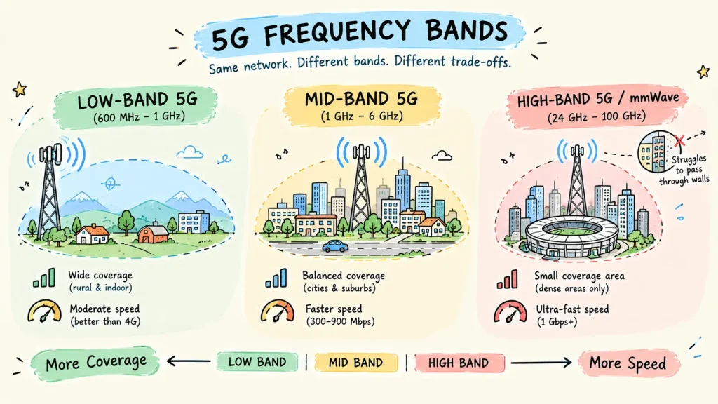 Low-band mid-band and high-band 5G coverage comparison
