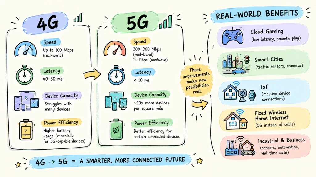 5G and 4G comparison showing speed latency and device capacity