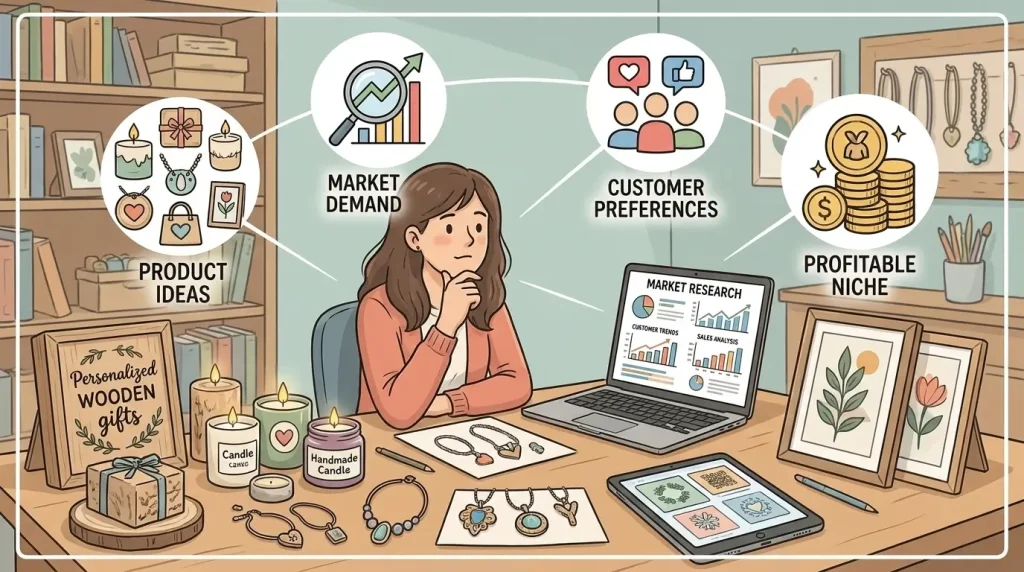 Craft business owner researching handmade products and market demand