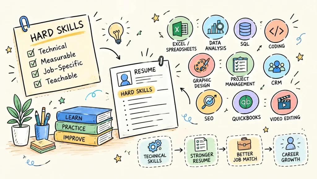 Hard skills such as Excel, data analysis, SQL, coding, and project management