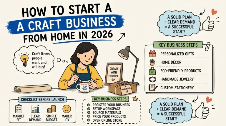 How to start a craft business from home showing a checklist, product ideas, and steps for 2026.