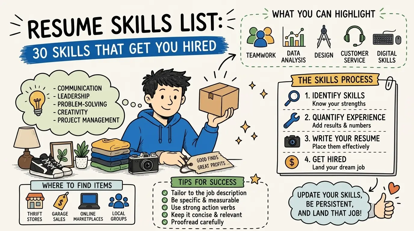 Infographic showing a complete resume skills list with top examples like communication, leadership, and data analysis to help you get hired.